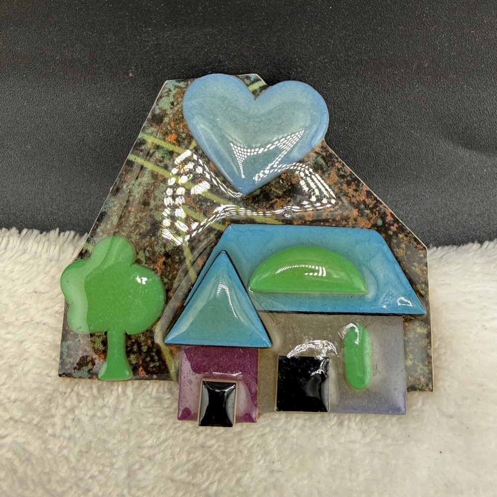 Vintage House Pins by Lucinda Brooch Multicolor Resin Heart Tree Home Pin